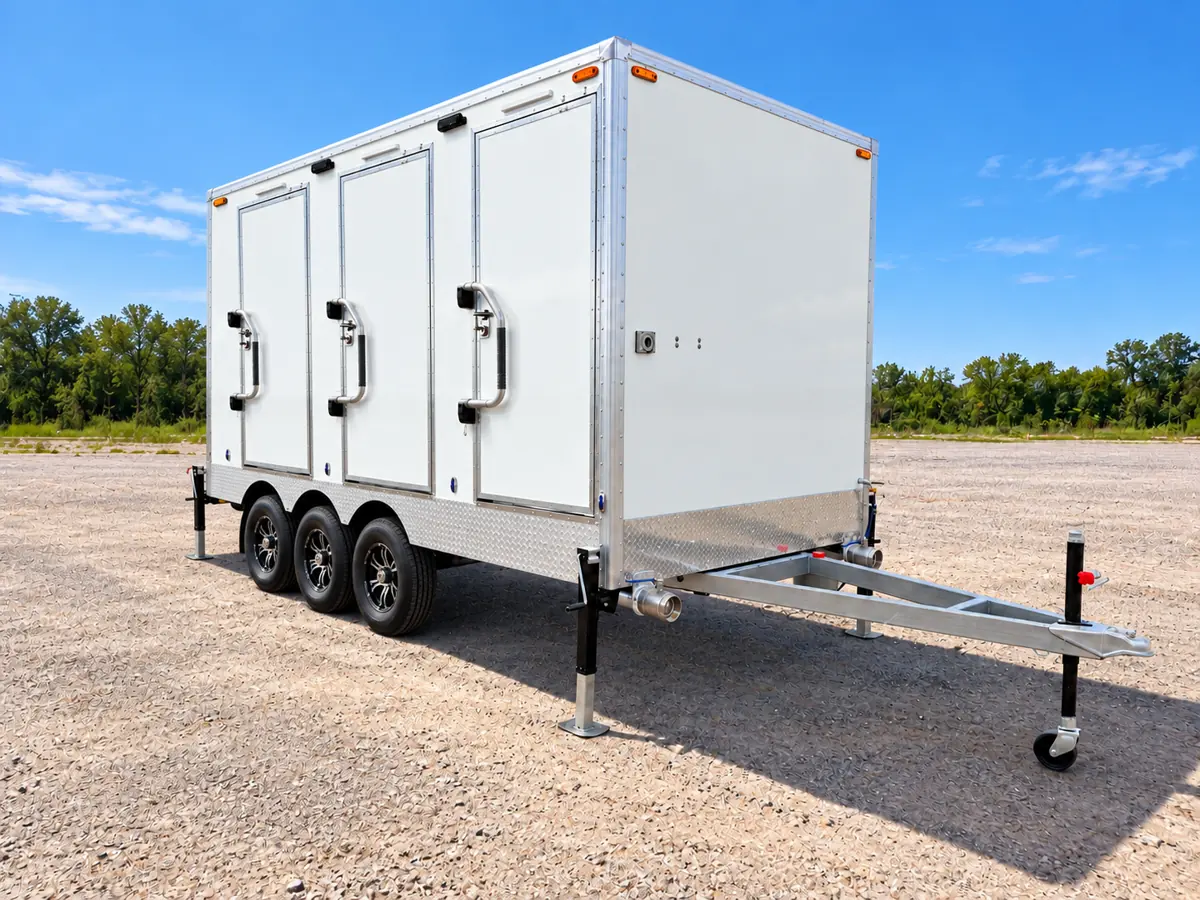 Shower and restroom combination trailer with three stalls plus one ADA stall