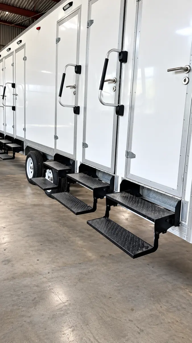 22ft 6-stall shower and restroom combination trailer with individual stall doors and fold-down steps