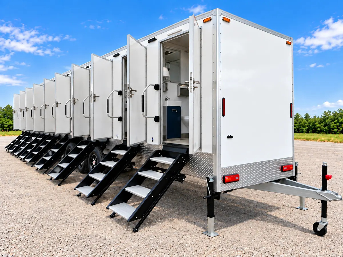 Row of entry steps leading to each stall of an 8-stall shower and restroom trailer