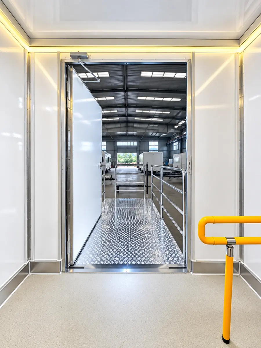 ADA stall inside a shower and restroom combination trailer with a grab bar and wide doorway
