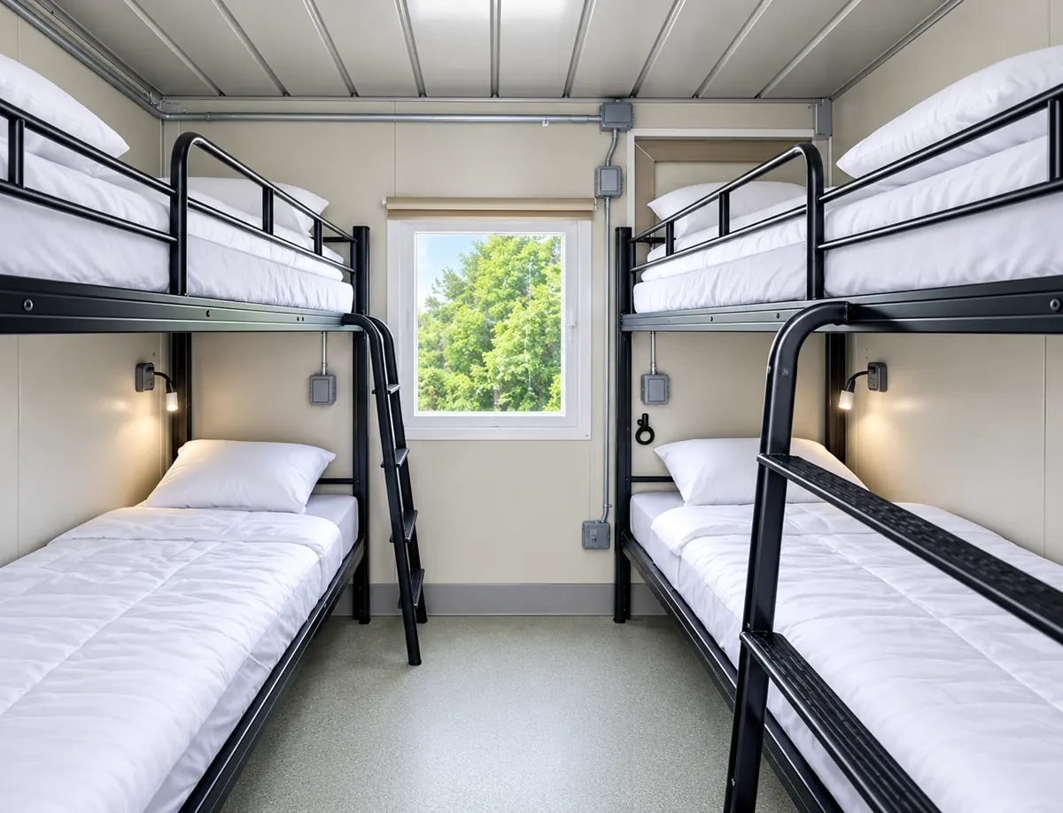 Sleeper trailer room with two bunk beds sleeping four workers