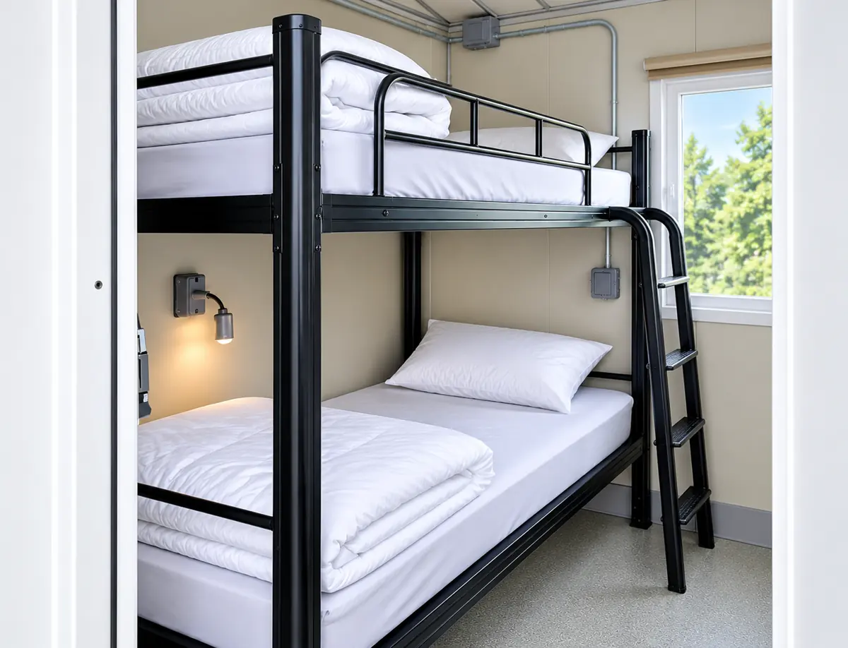 Bunk bed with fresh bedding and a reading light inside a sleeper trailer room
