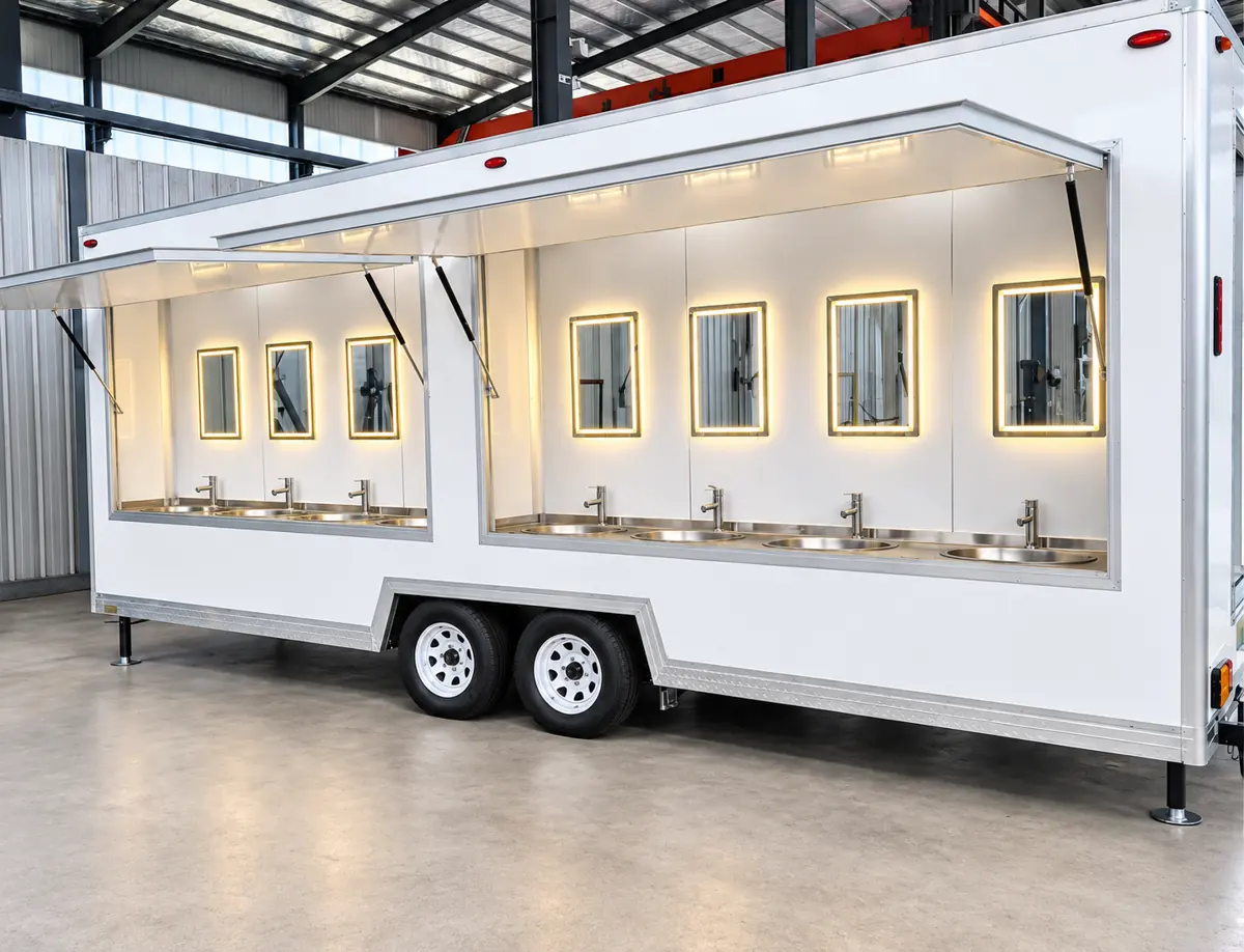 Six-station handwashing sink trailer with an open side awning