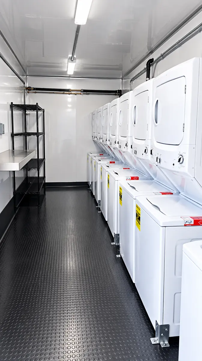 Stacked washer and dryer sets inside a mobile laundry trailer