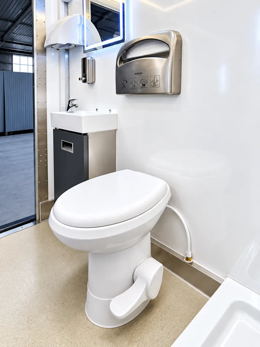 Flushing toilet, sink and paper dispensers inside a restroom-only trailer