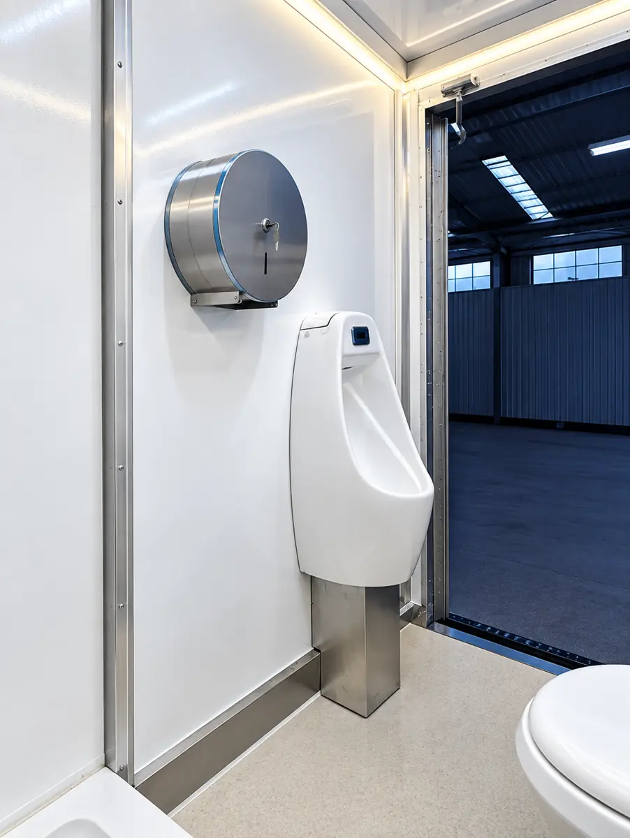 Urinal and toilet paper dispenser in a restroom trailer