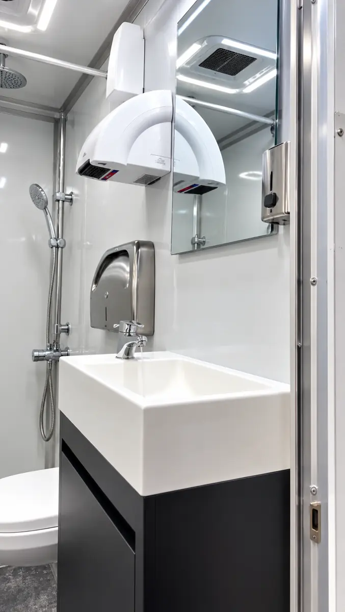 Sink vanity, mirror and soap dispenser inside a shower and restroom trailer stall