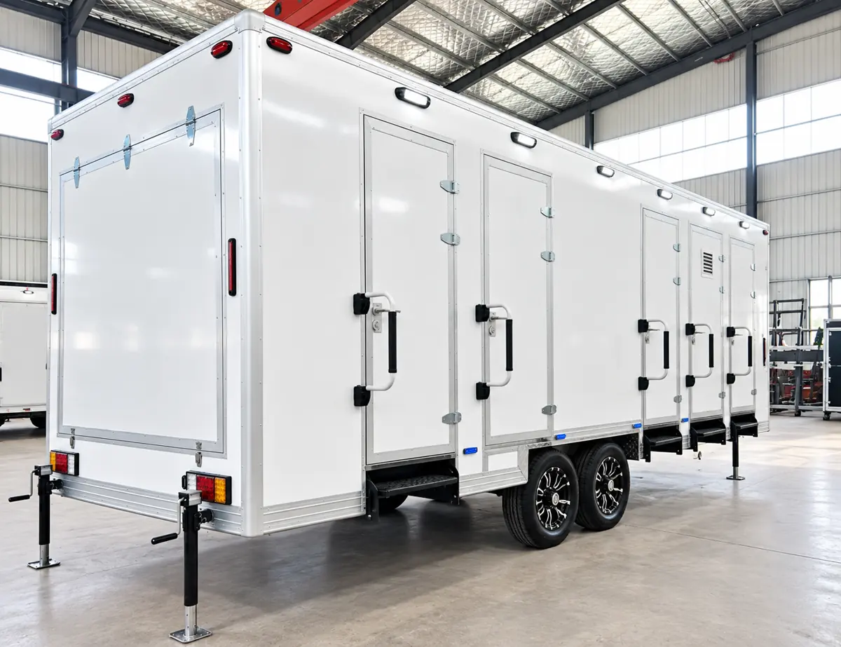 Rear and side view of a 20ft mobile shower trailer