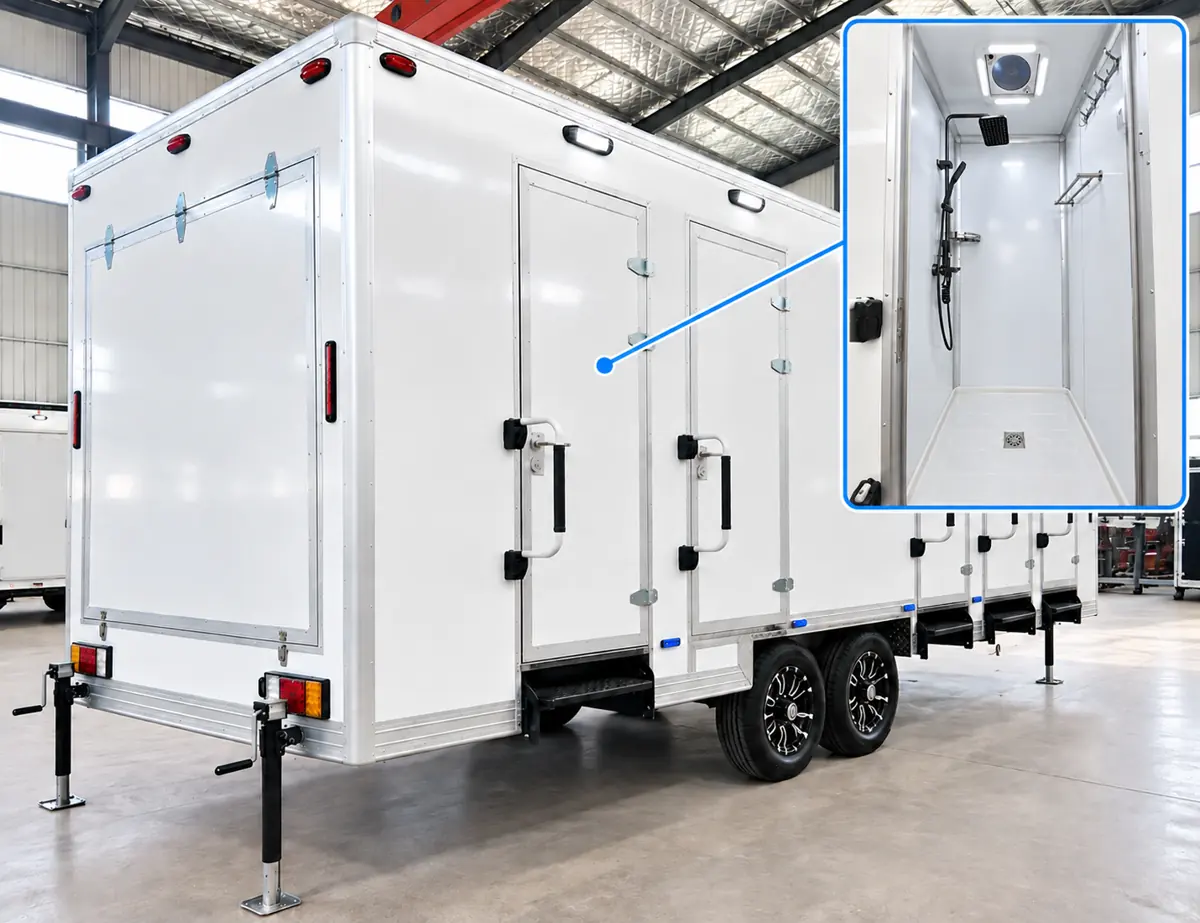 20ft shower trailer with private shower stalls along one side