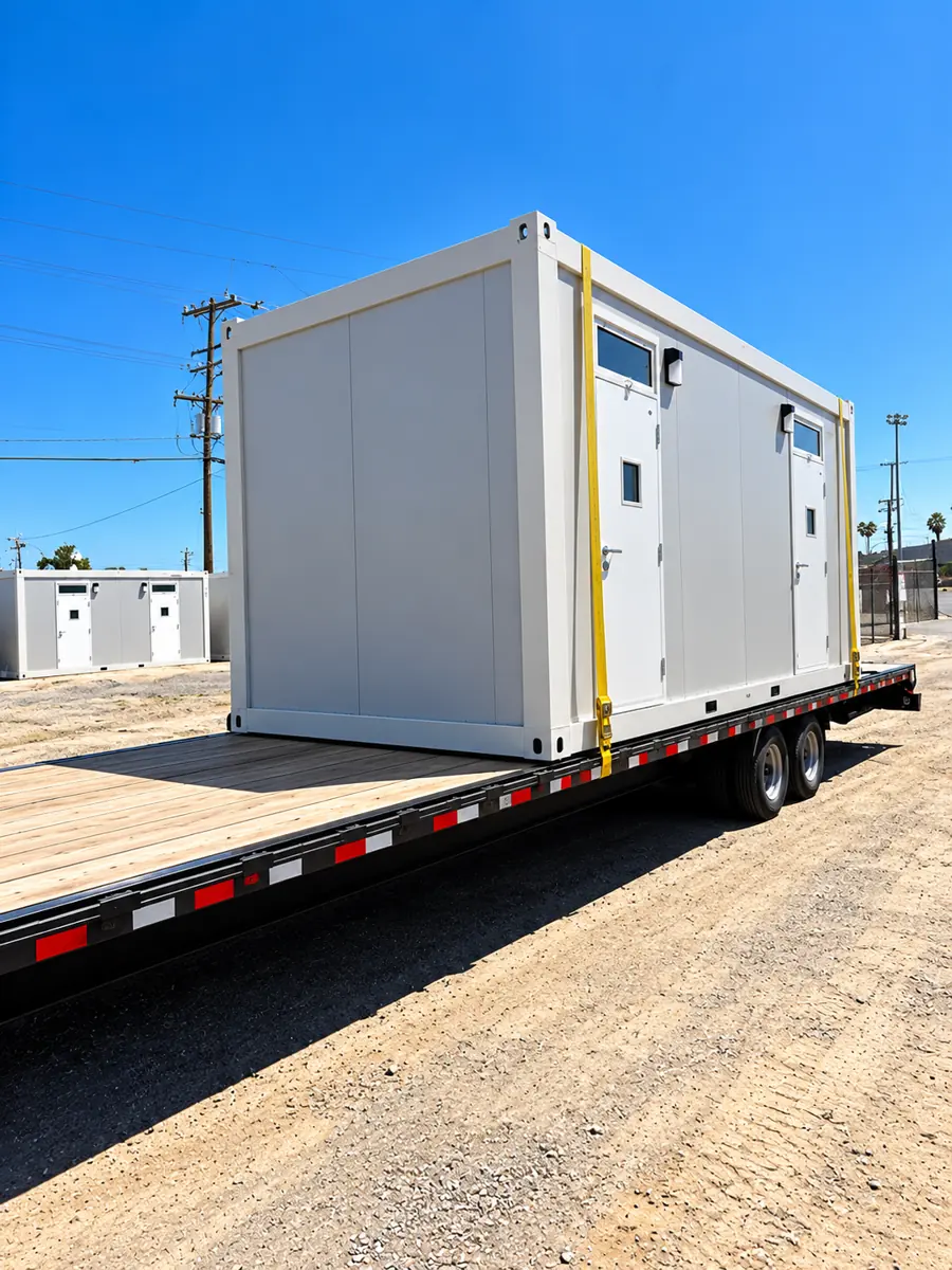 Sleeper trailer loaded on a flatbed truck for delivery
