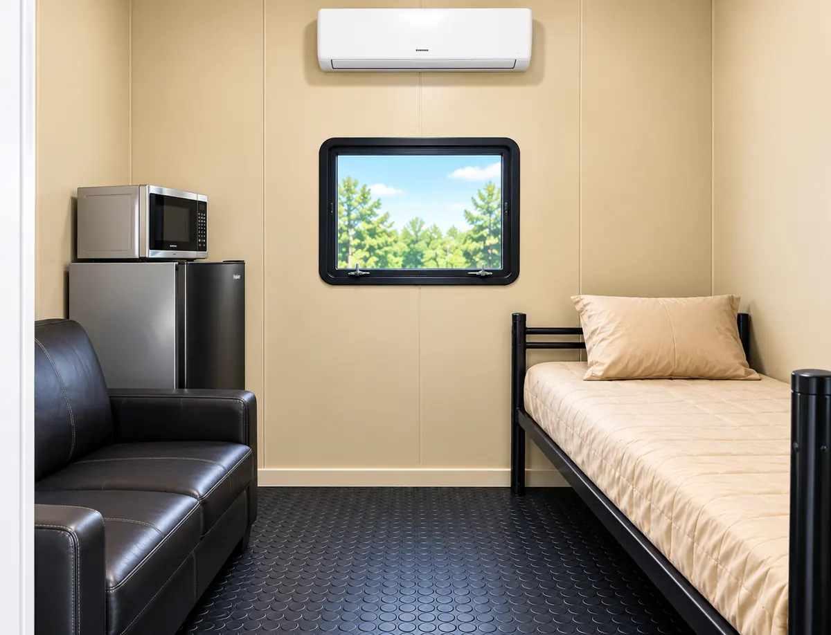 VIP sleeper room with a bed, sofa, mini fridge, microwave and air conditioning